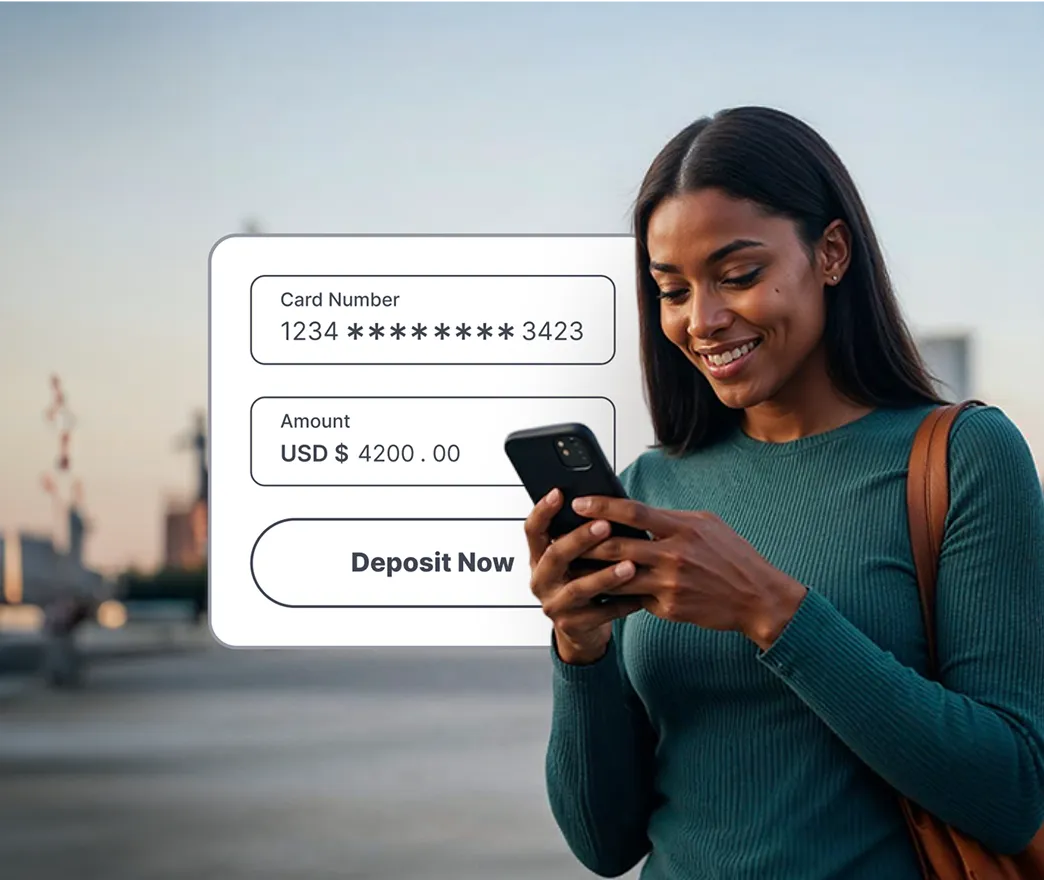 A woman making an online deposit using a card, displayed on a secure payment form