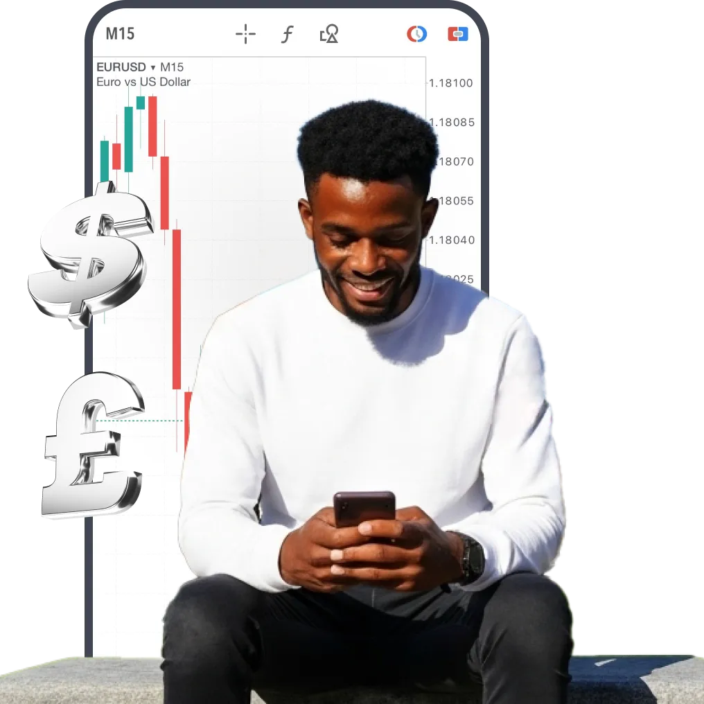 Man trading on smartphone with forex chart in background and dollar and pound symbols floating