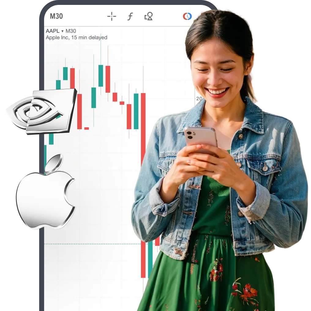 Woman trading on smartphone with gold and silver bars displayed alongside a XAU/USD price chart in background