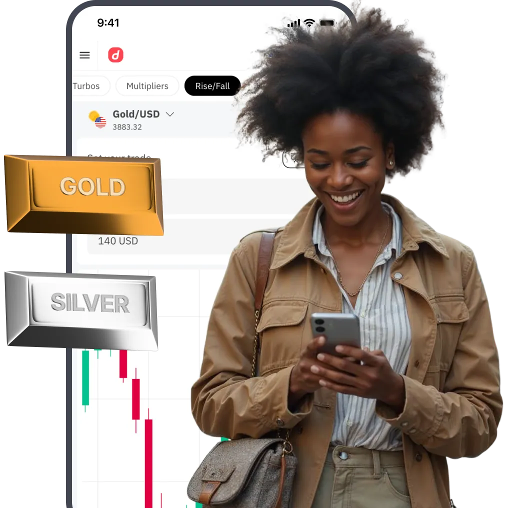Woman trading on smartphone with gold and silver bars displayed alongside a XAU/USD price chart in background