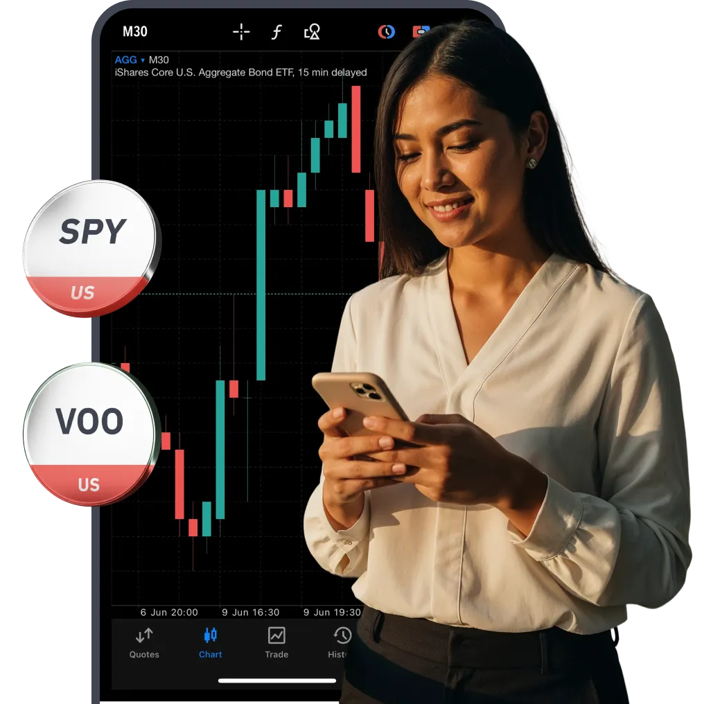 Woman trading on smartphone with stock chart in background and US ETFs SPY and VOO symbols displayed