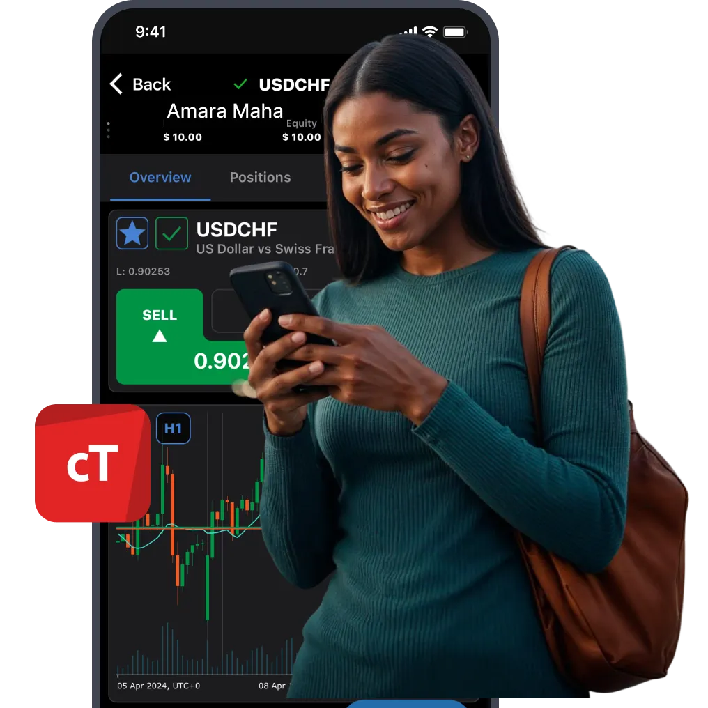Man trading on smartphone with MT5 platform interface showing Wall Street 30 stock chart in background