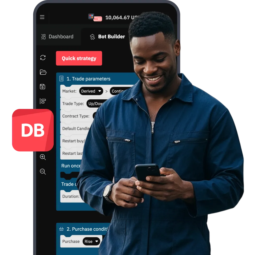 Man trading on smartphone with MT5 platform interface showing Wall Street 30 stock chart in background
