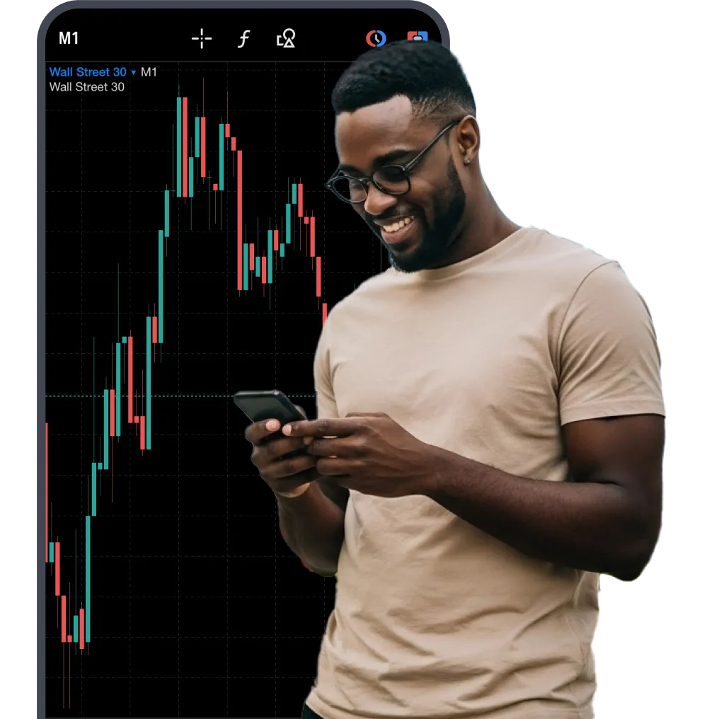 Woman trading CFDs on her cellphone with a forex chart in background and Apple, Wall Street 30, and Bitcoin symbols displayed