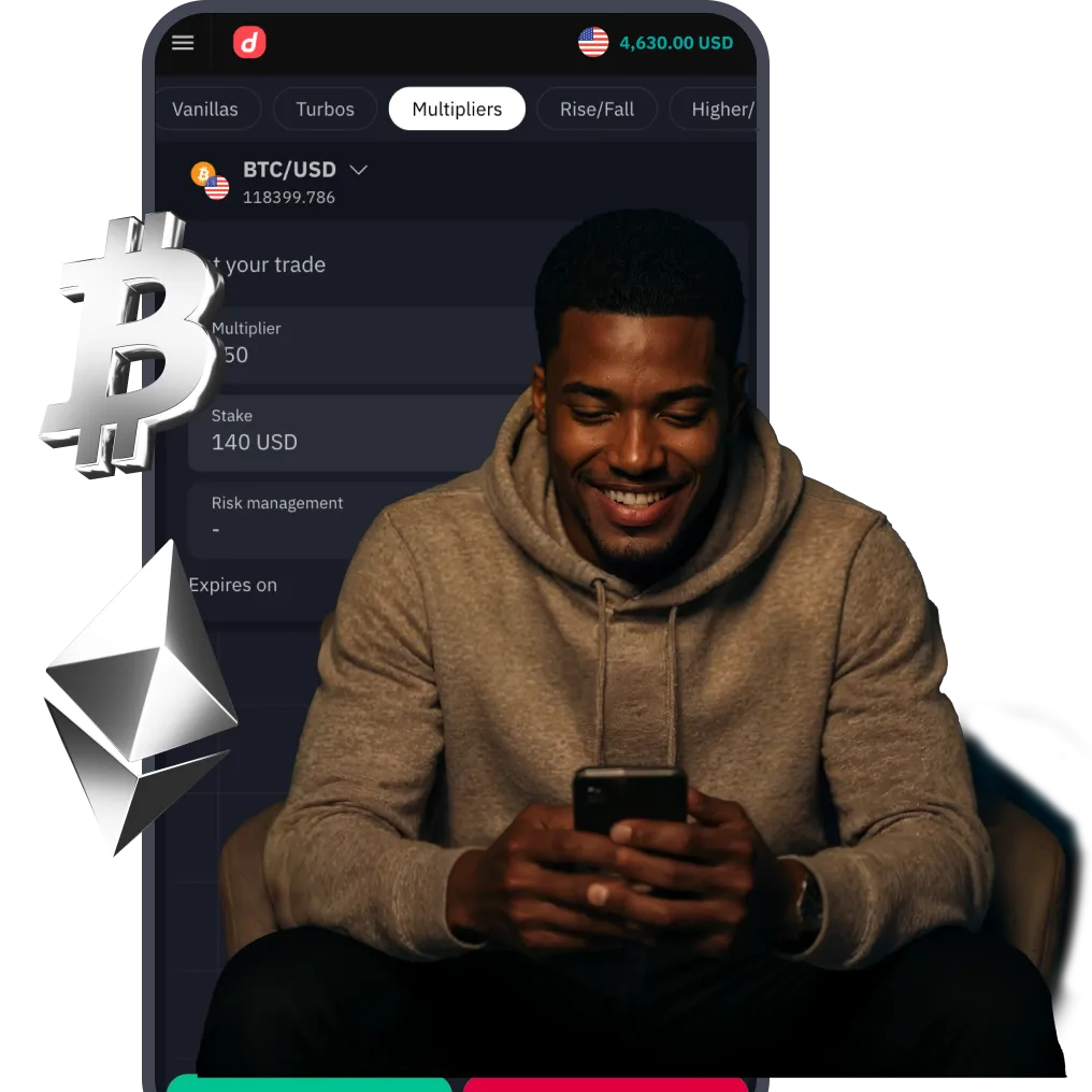 Man trading on smartphone with Bitcoin and Litecoin symbols displayed against crypto price chart background