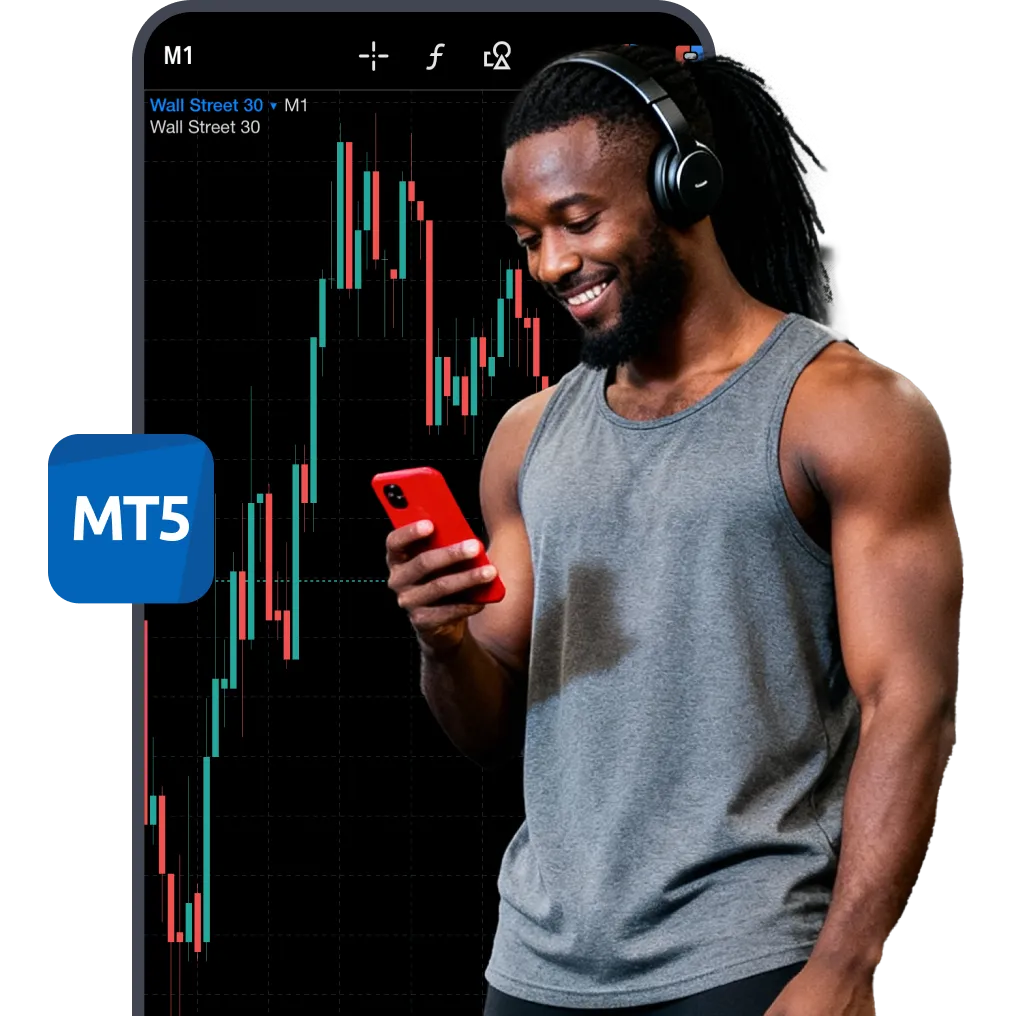 Man trading on smartphone with MT5 platform interface showing Wall Street 30 stock chart in background