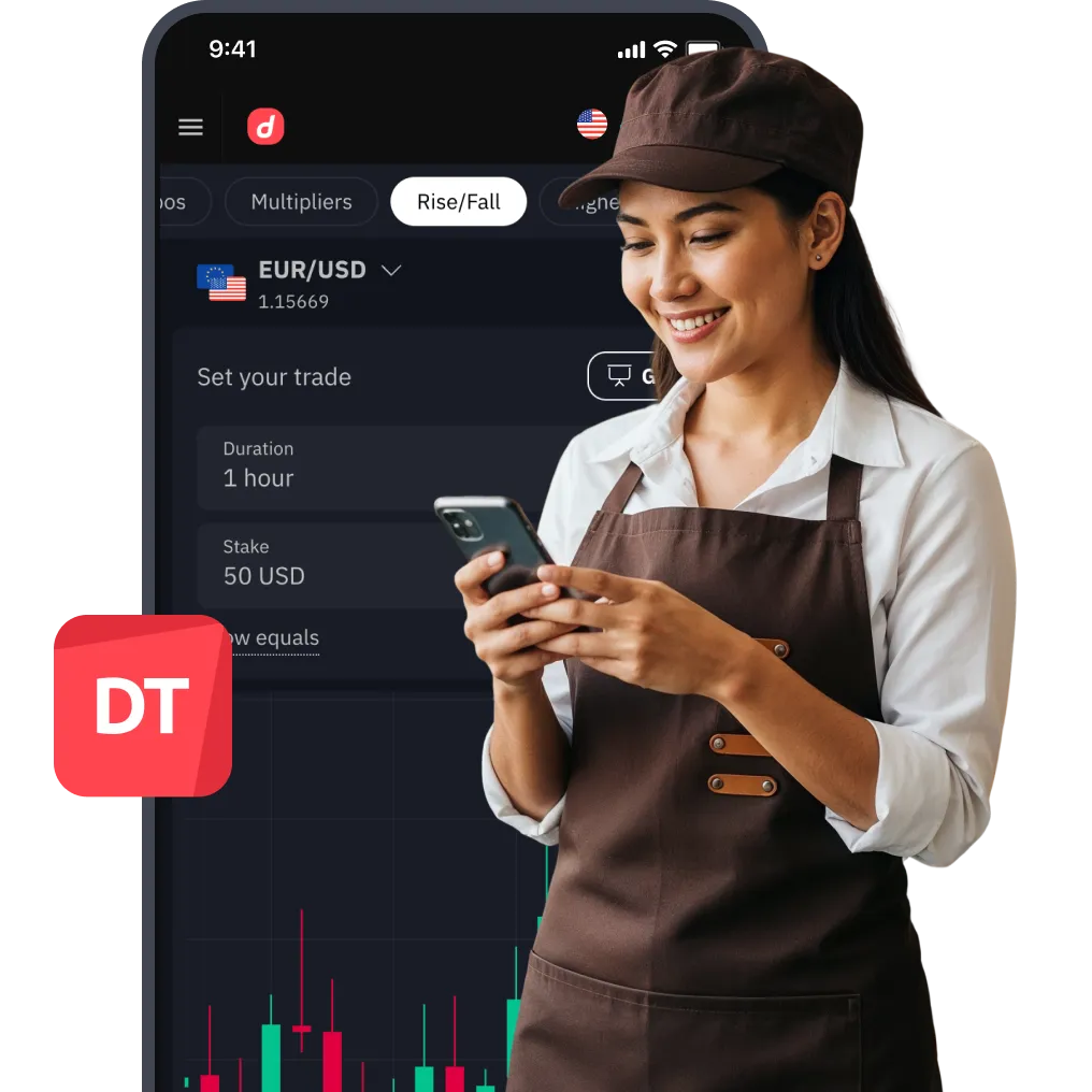 Man trading on smartphone with MT5 platform interface showing Wall Street 30 stock chart in background
