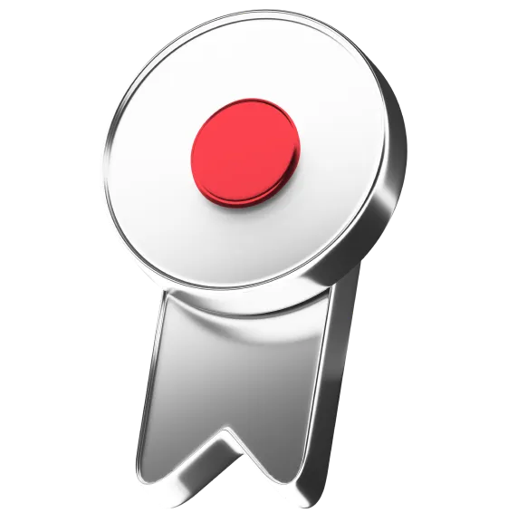 3D silver ribbon badge with a red circular center.