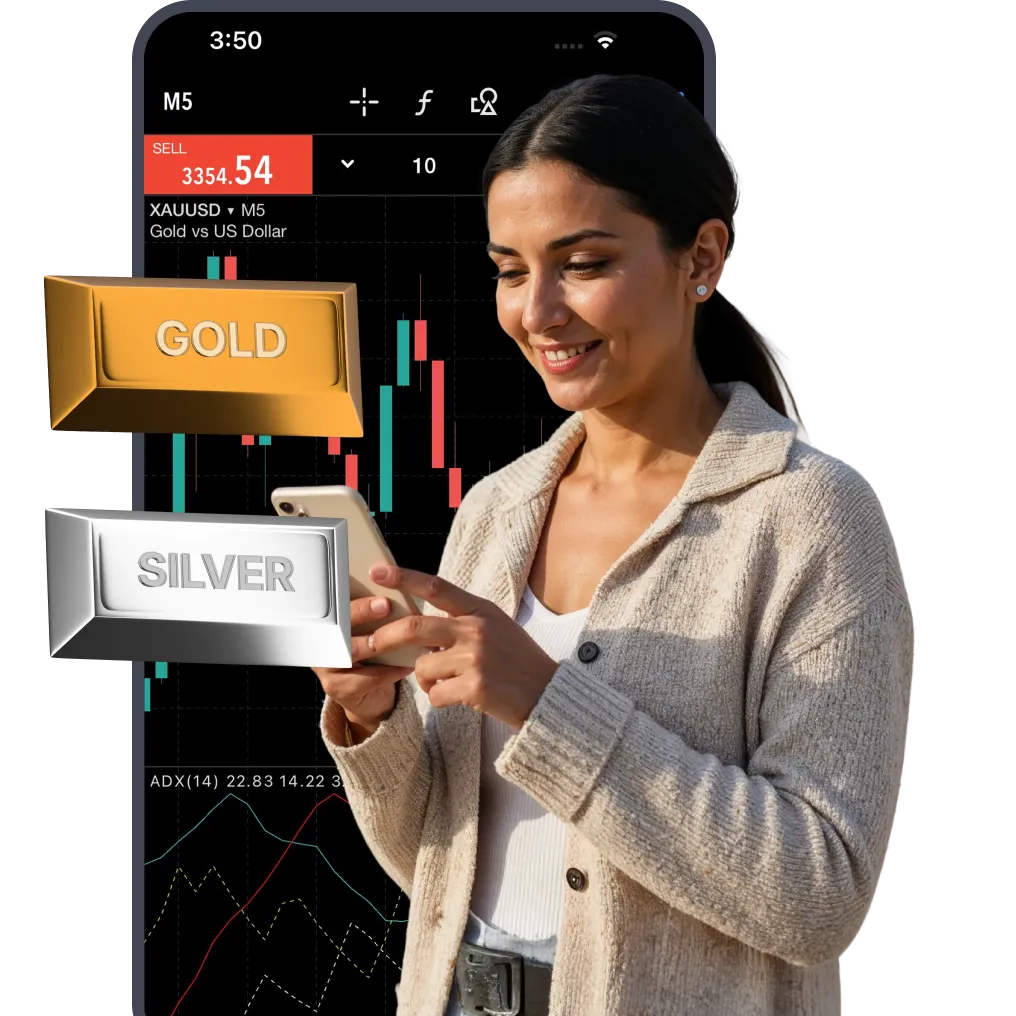 Woman trading on smartphone with gold and silver bars displayed alongside a XAU/USD price chart in background