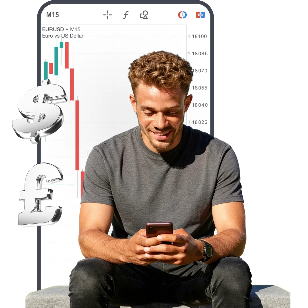 Woman trading on smartphone with gold and silver bars displayed alongside a XAU/USD price chart in background