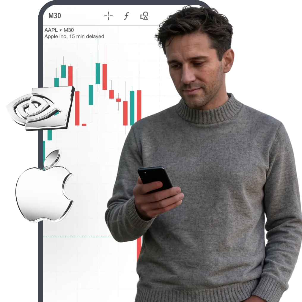 Woman trading on smartphone with gold and silver bars displayed alongside a XAU/USD price chart in background
