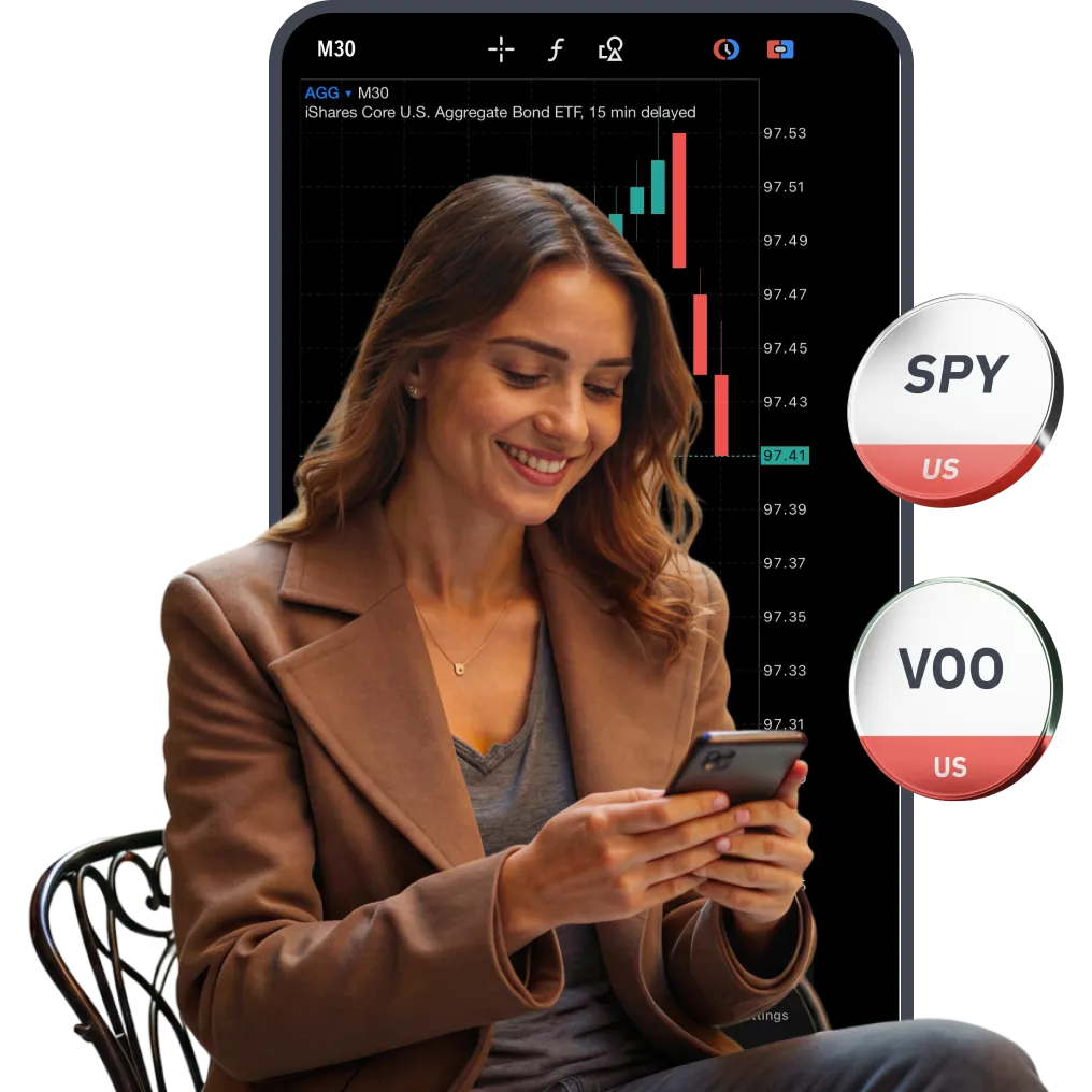 Woman trading on smartphone with stock chart in background and US ETFs SPY and VOO symbols displayed