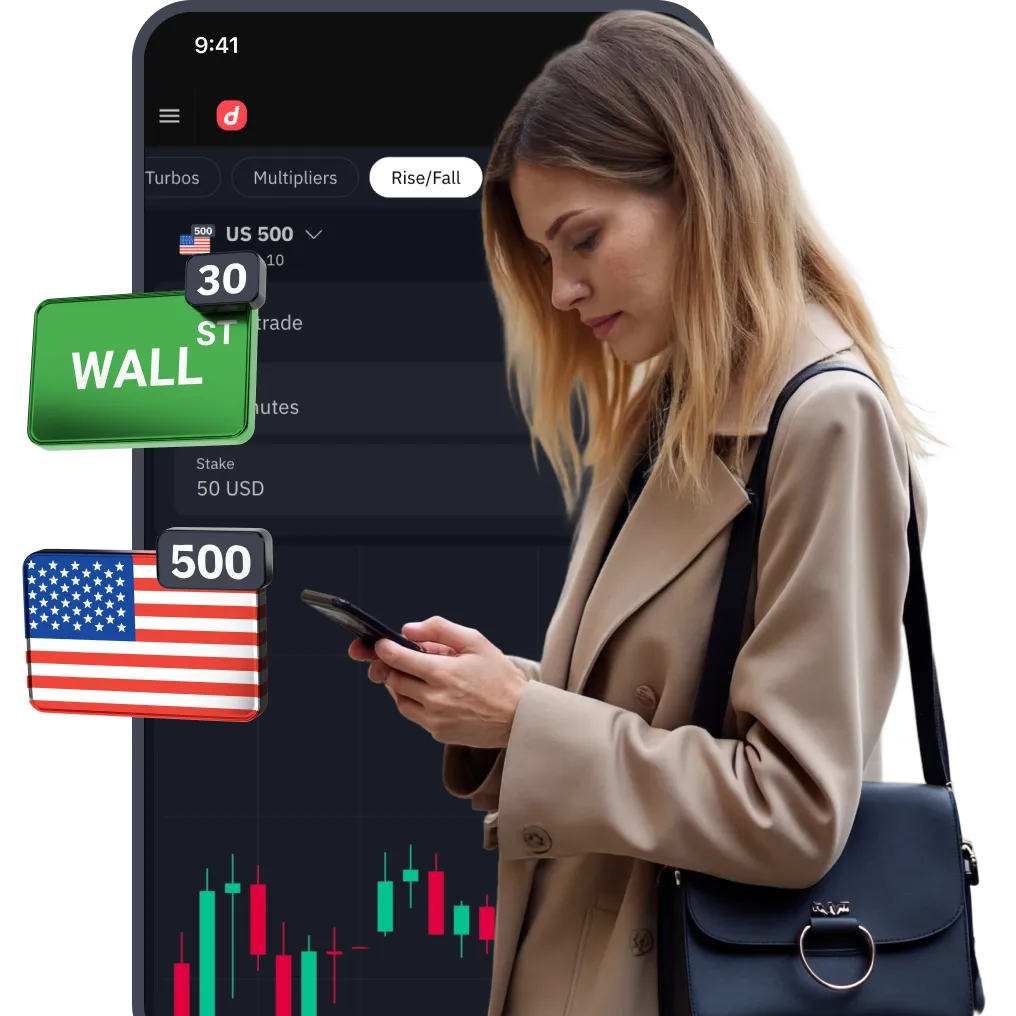 Man trading on smartphone with Wall Street 30 and US 500 indices symbols displayed against stock chart background