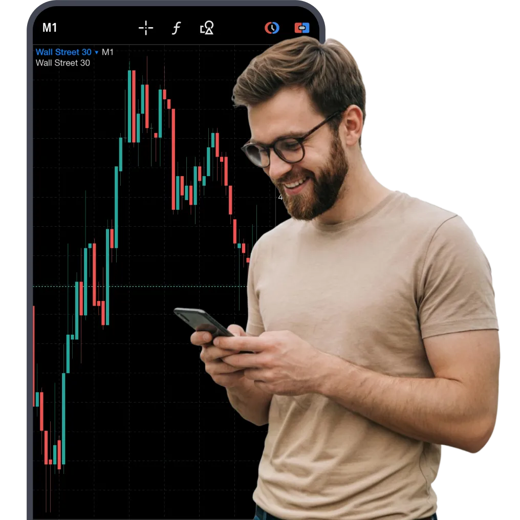 Woman trading CFDs on her cellphone with a forex chart in background and Apple, Wall Street 30, and Bitcoin symbols displayed