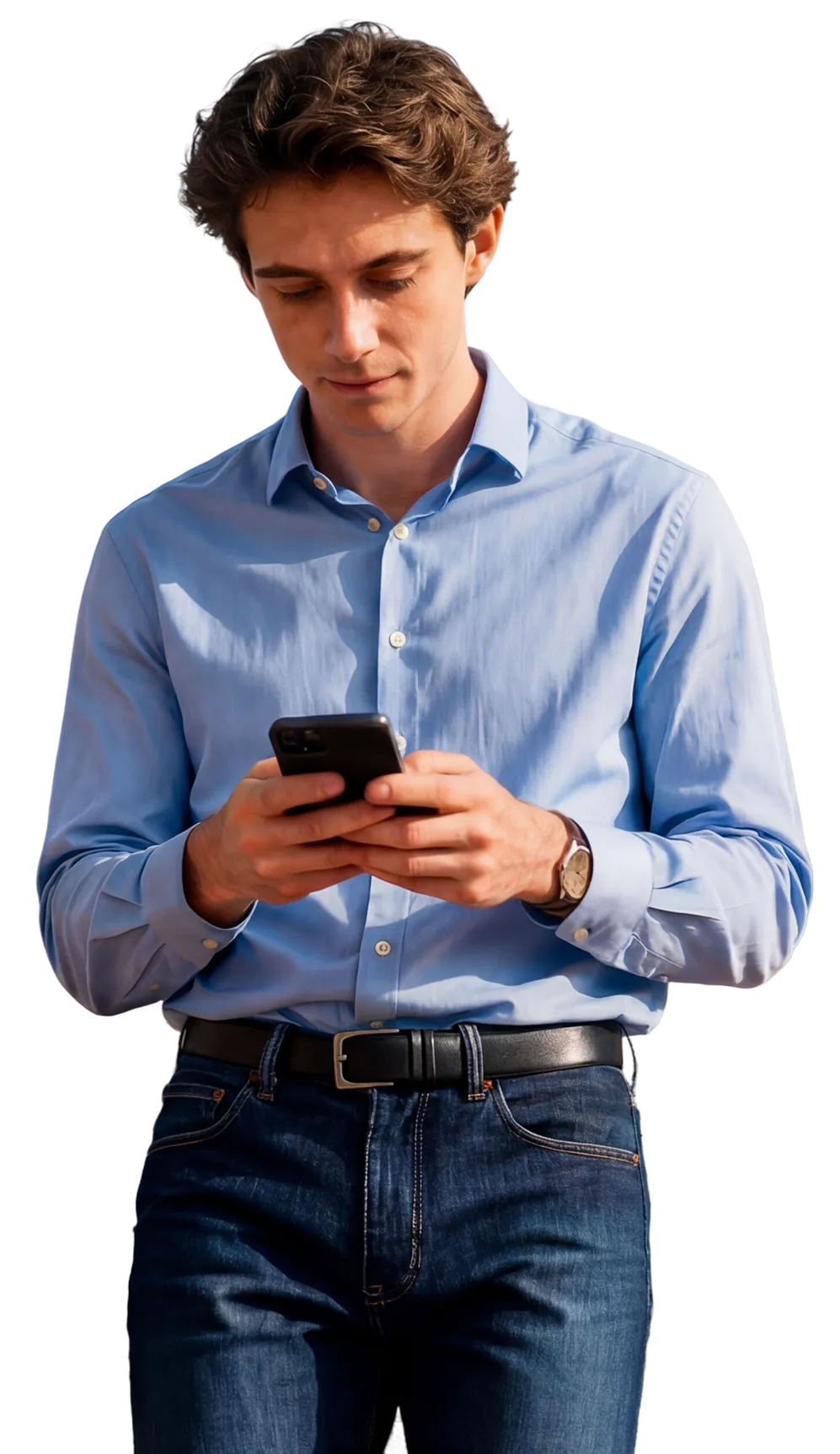 a man smiling and using his phone to trade