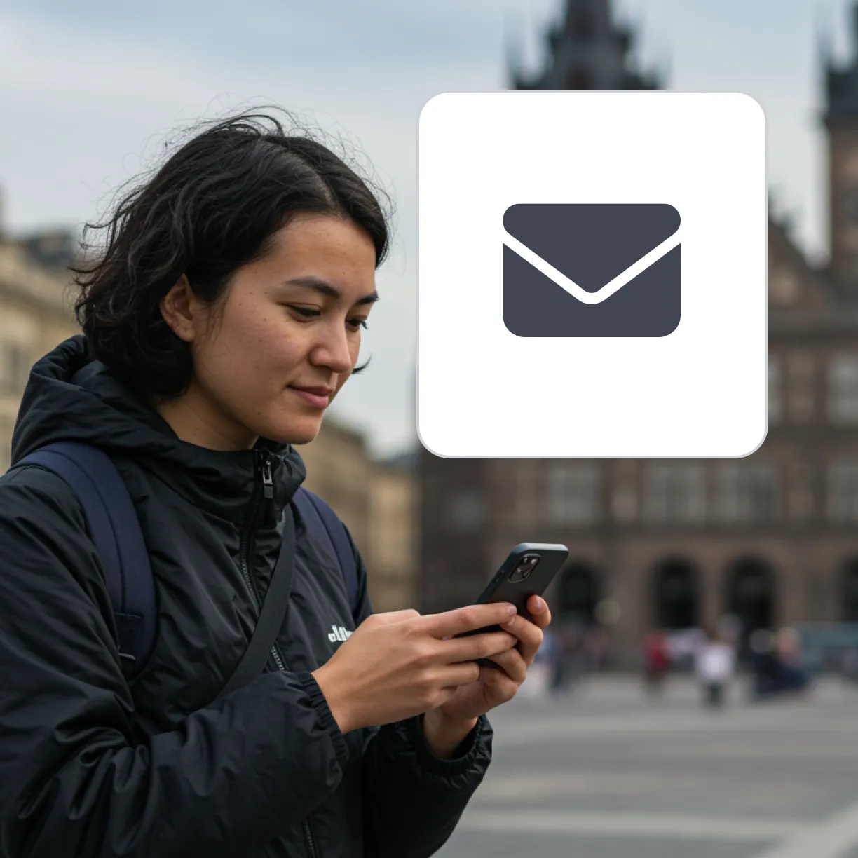 Contact Deriv’s PR and communications team — image of a man on phone with email icon, representing easy outreach.