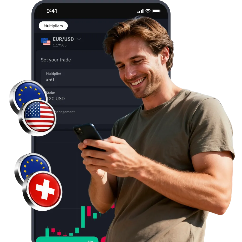 Woman trading on smartphone with gold and silver bars displayed alongside a XAU/USD price chart in background