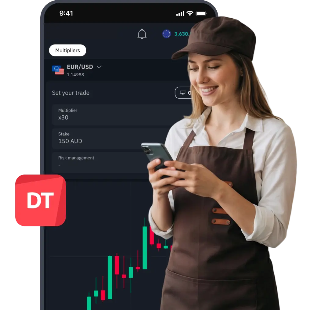 Man trading on smartphone with MT5 platform interface showing Wall Street 30 stock chart in background