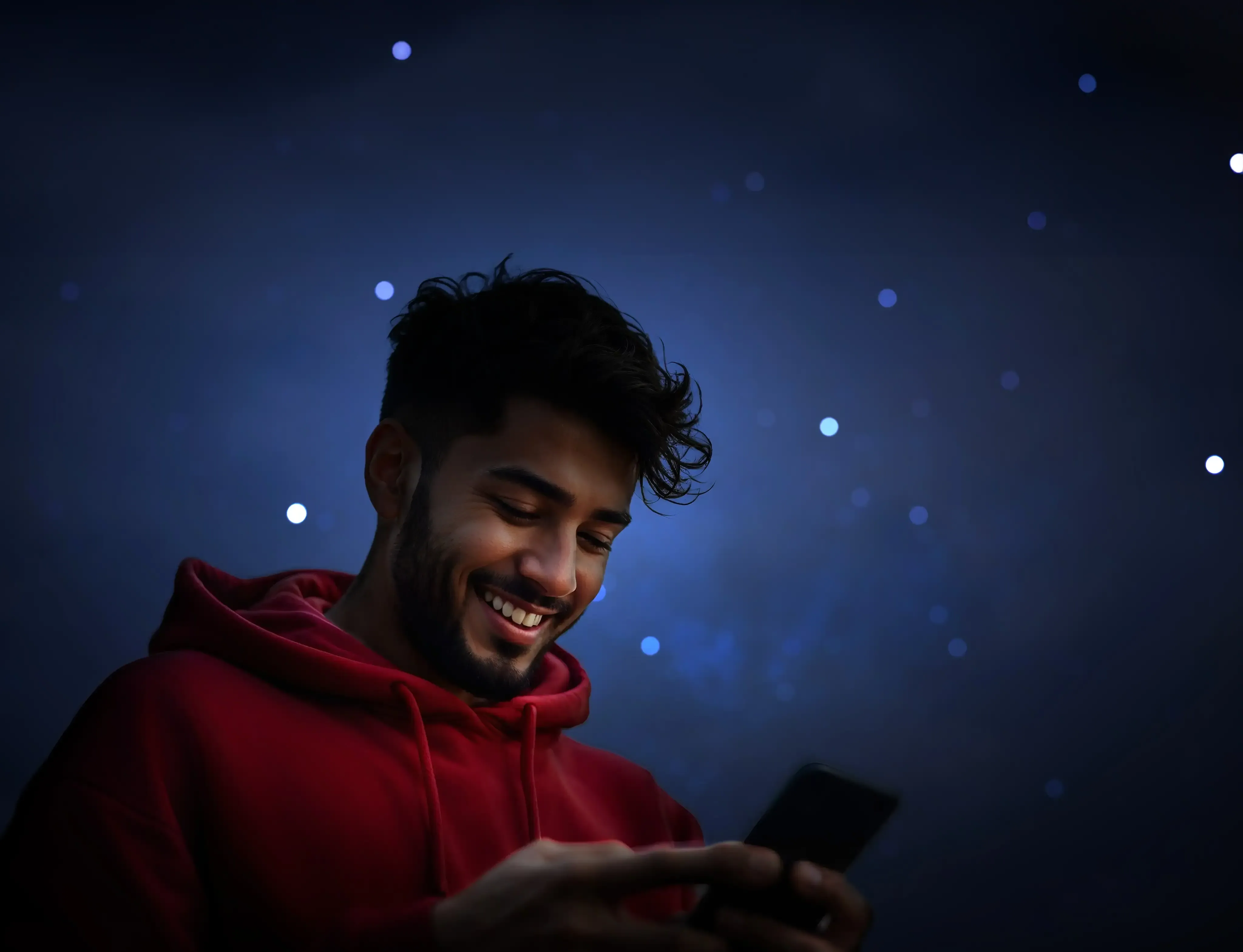 A smiling trader using his mobile phone for 24/7 cryptocurrency