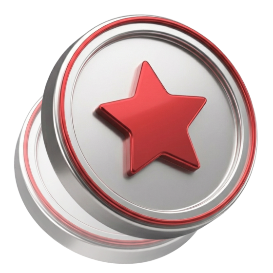 Silver trophy cup with red handles and base.