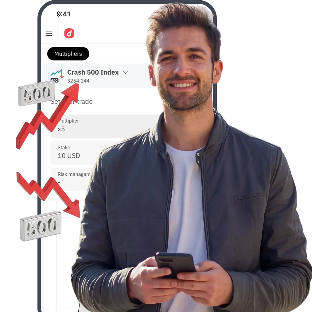 Man trading on smartphone with forex chart in background and dollar and pound symbols floating