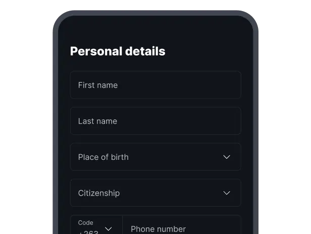 Deriv app account registration screen showing a personal details form with fields for name, place of birth, citizenship, and phone number
