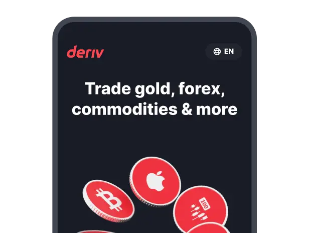 Deriv app home screen showing trade options for Gold, Crypto, Forex, Oil, and more