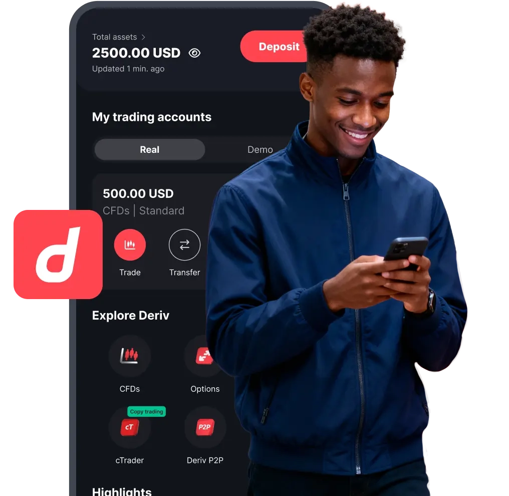 A smiling man using the Deriv mobile app, showing a trading dashboard with account balance, CFDs, Options, cTrader, and Deriv P2P features.
