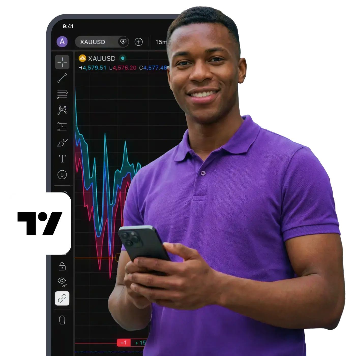 A trader using the TradingView on mobile, with a BTC/USD candlestick chart on screen