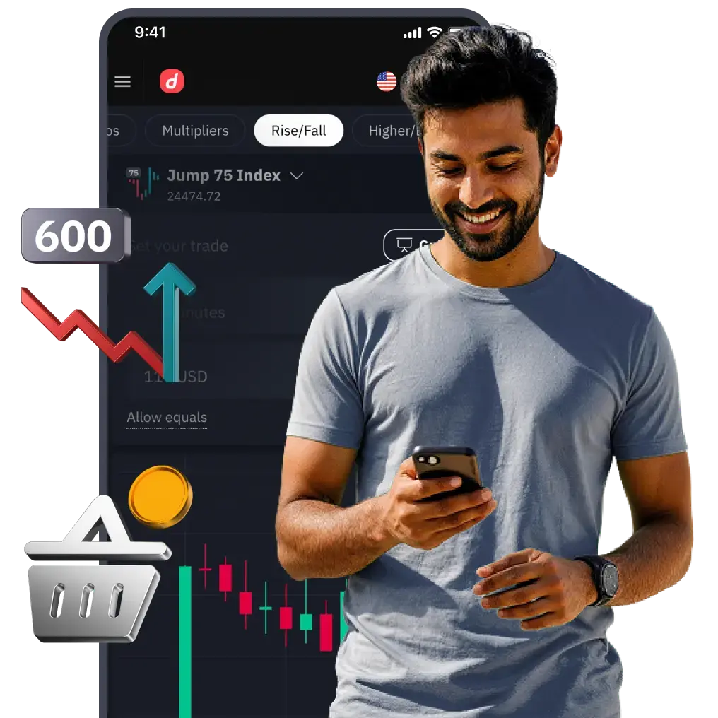 Man trading on smartphone with forex chart in background and dollar and pound symbols floating
