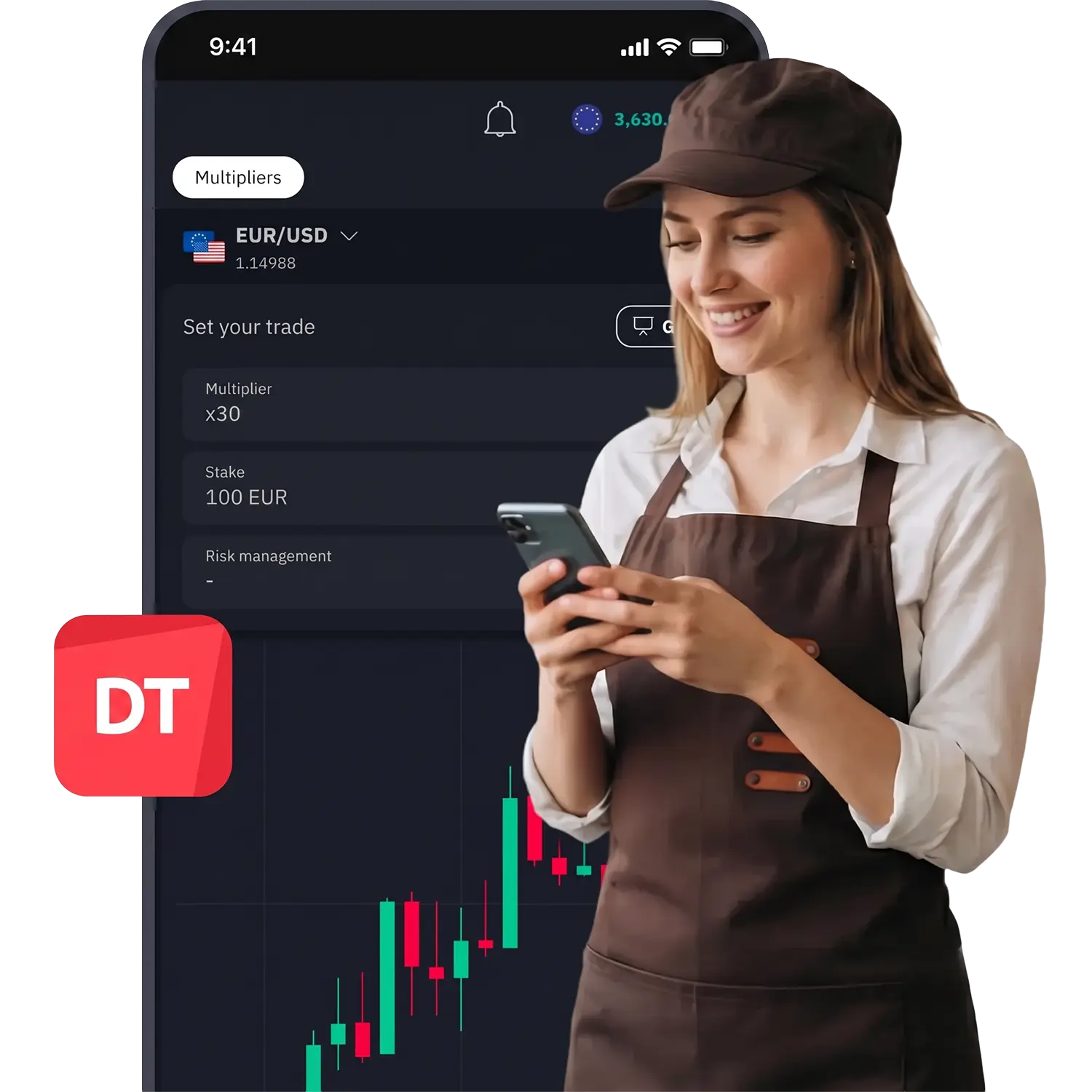 Man trading on smartphone with MT5 platform interface showing Wall Street 30 stock chart in background