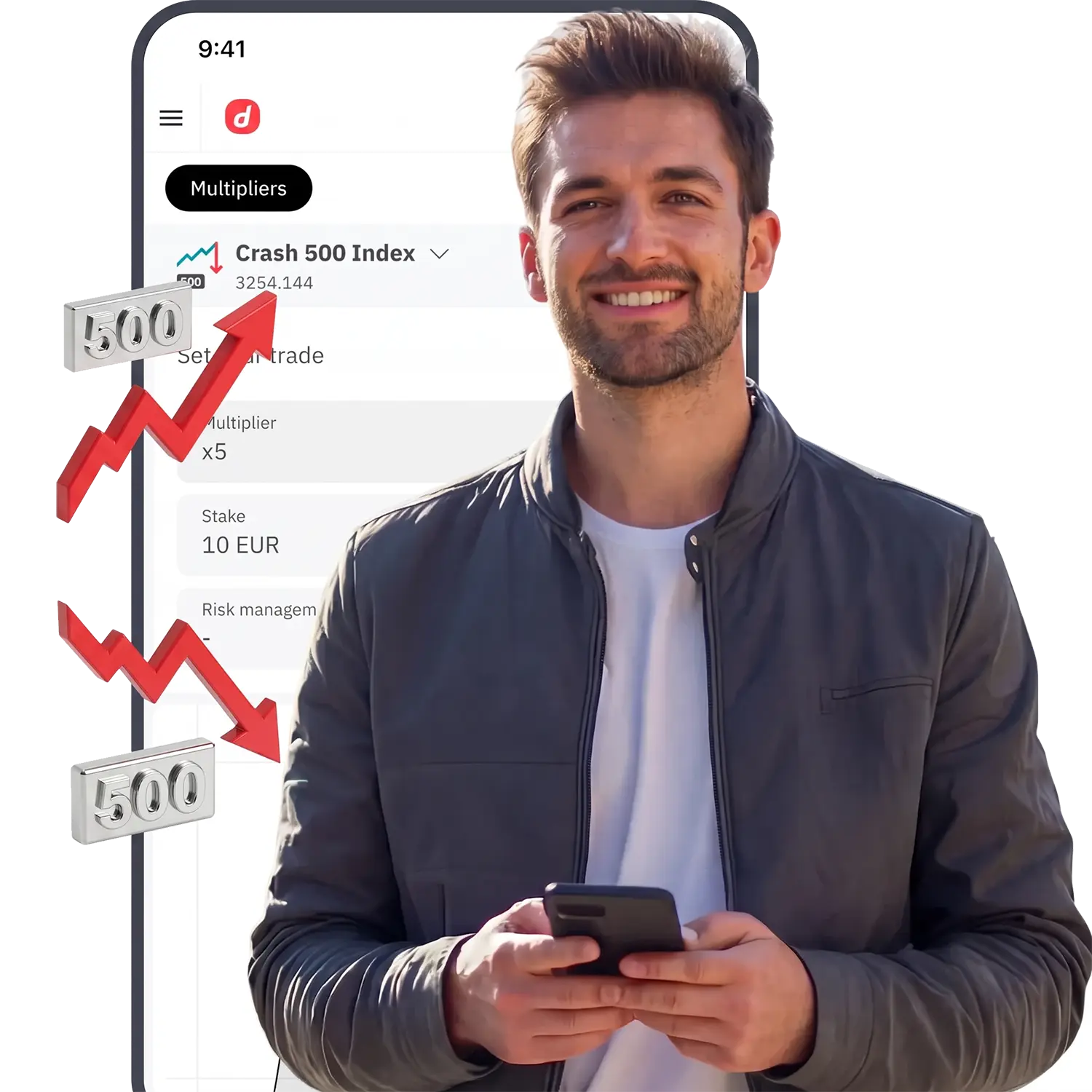 Man trading on smartphone with forex chart in background and dollar and pound symbols floating
