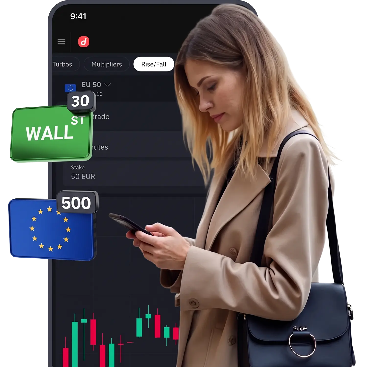 Man trading on smartphone with Wall Street 30 and US 500 indices symbols displayed against stock chart background