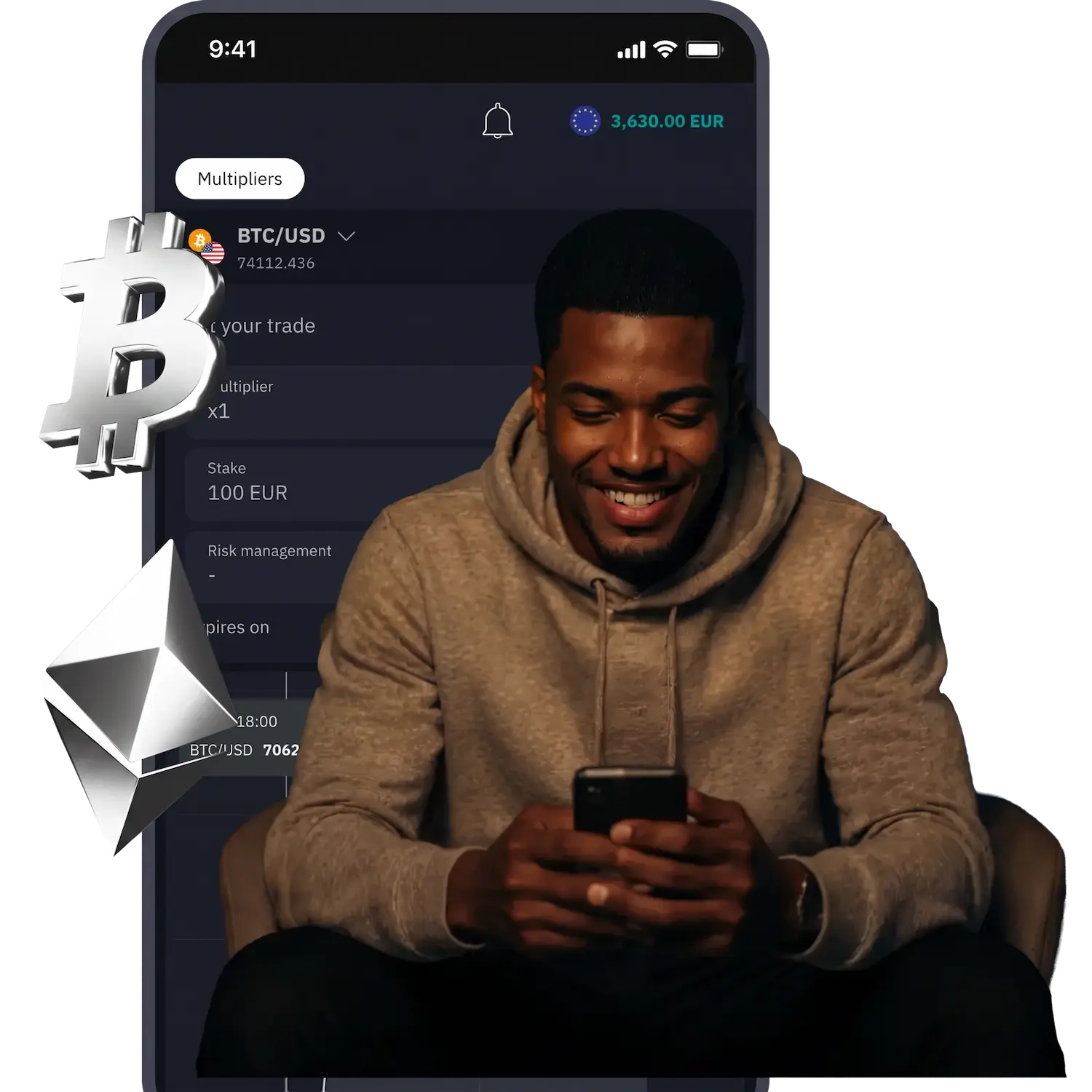 Man trading on smartphone with Bitcoin and Litecoin symbols displayed against crypto price chart background