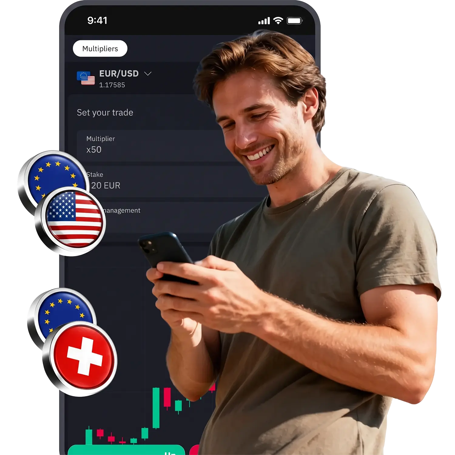 Woman trading on smartphone with gold and silver bars displayed alongside a XAU/USD price chart in background