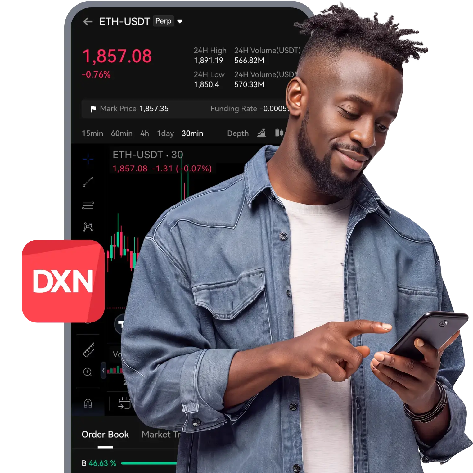 Man trading on smartphone with MT5 platform interface showing Wall Street 30 stock chart in background
