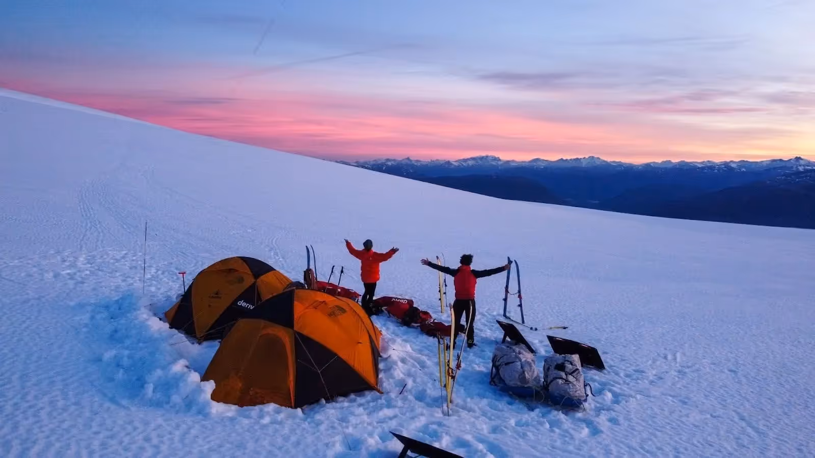 The Kahuna team enjoys the sunrise view at Campo de Hielo Continental Sur.