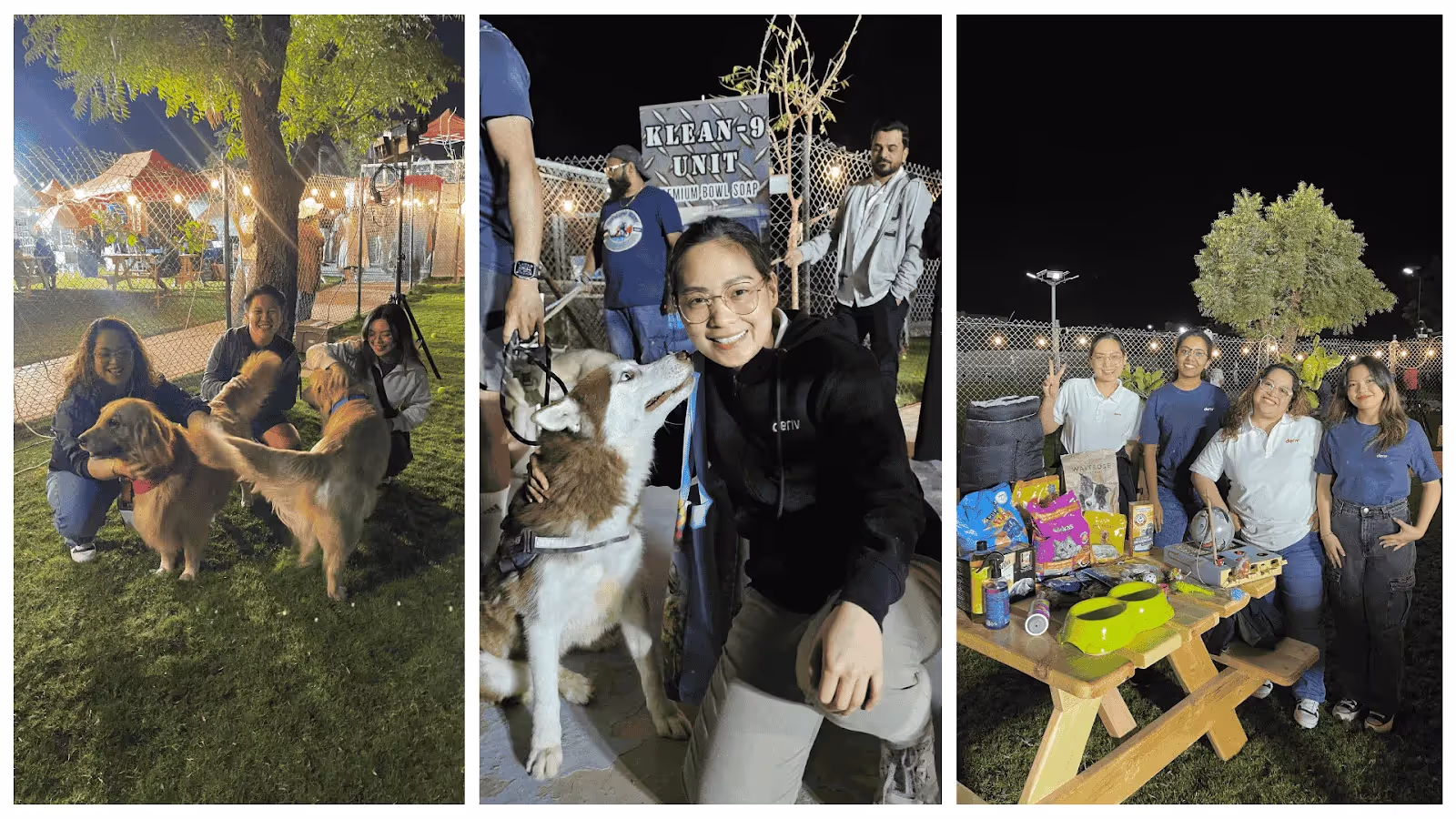 Deriv employees volunteering at Ras Al Khaimah (RAK) Animal Welfare Centre, interacting with dogs and donating supplies to support the animals.