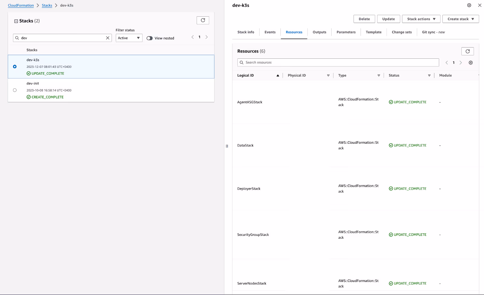 A screen showing the provisioned CloudFormation stacks