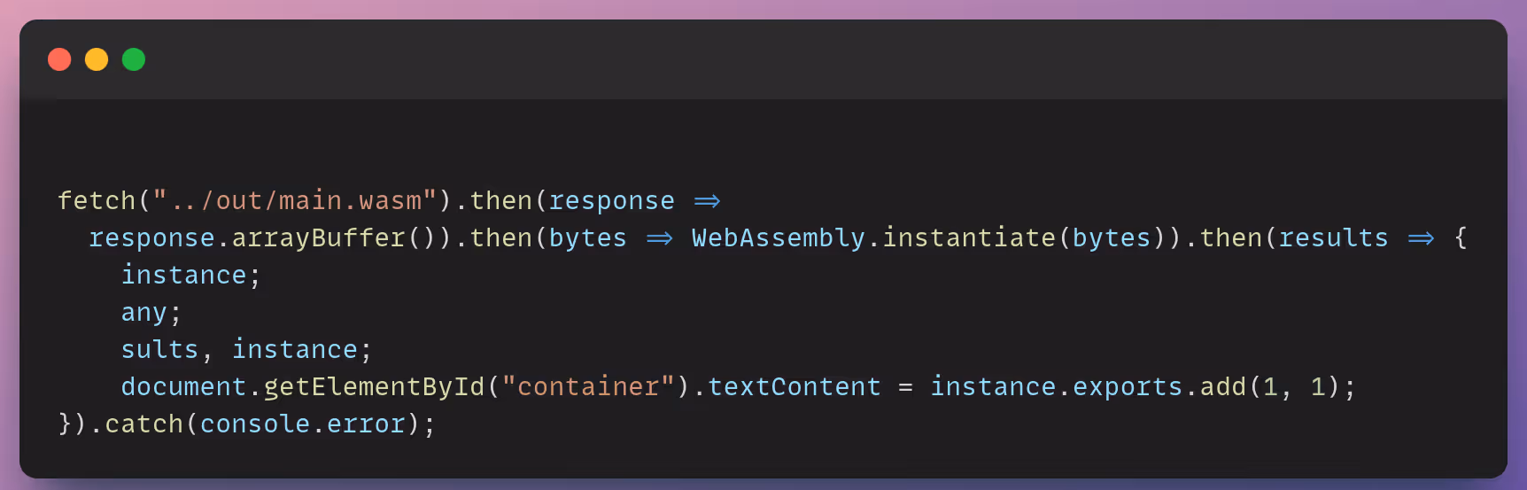 Code to use the Wasm code inside the main.js file