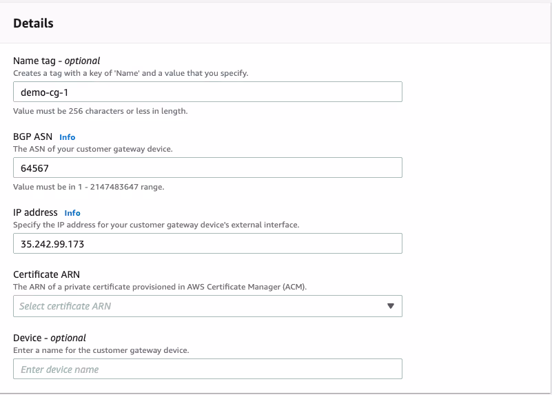 Screenshot showing customer gateway details