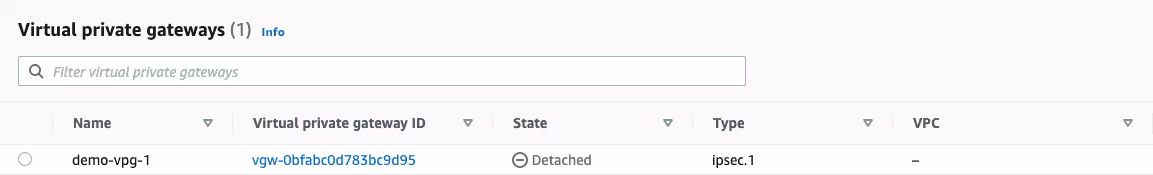 Screenshot showing details to create virtual private gateways