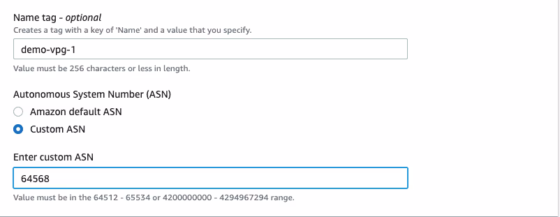 Screenshot showing details to create virtual private gateways
