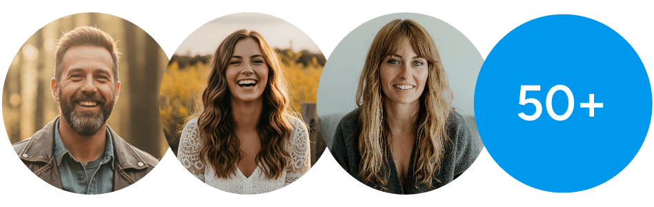Headshots of three smiling adults, two women and one man, followed by a blue circle with white text reading '50+'.