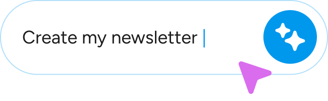 Text input field with the placeholder text 'Create my newsletter' and a blue circular button with two white sparkle icons on the right, accompanied by a purple pointer.