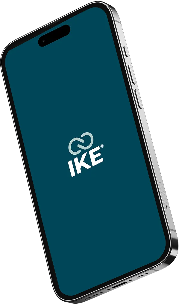 Smartphone angled with dark teal screen displaying a logo that reads IKE with an infinity symbol above it.