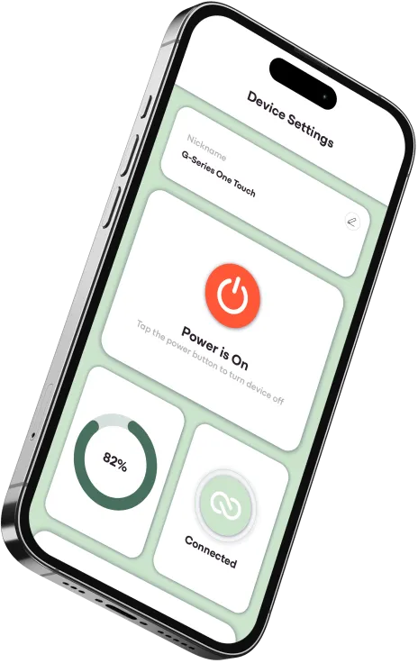 Smartphone displaying device settings with nickname 'G-Series One Touch,' power on button, battery at 82%, and connected status.