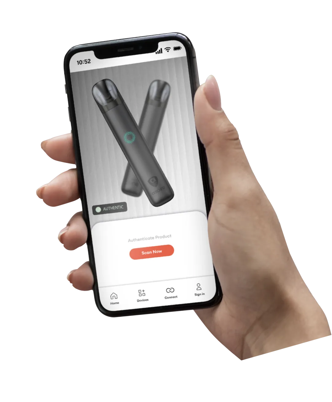 Hand holding a smartphone displaying an app screen with two black vape devices and a glowing authentication icon, showing a 'Scan Now' button.