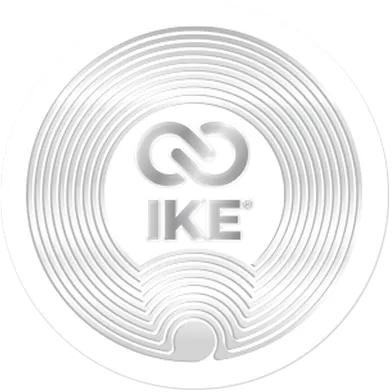 Silver circular smart chip with concentric rings and the IKE logo featuring an infinity symbol in the center.