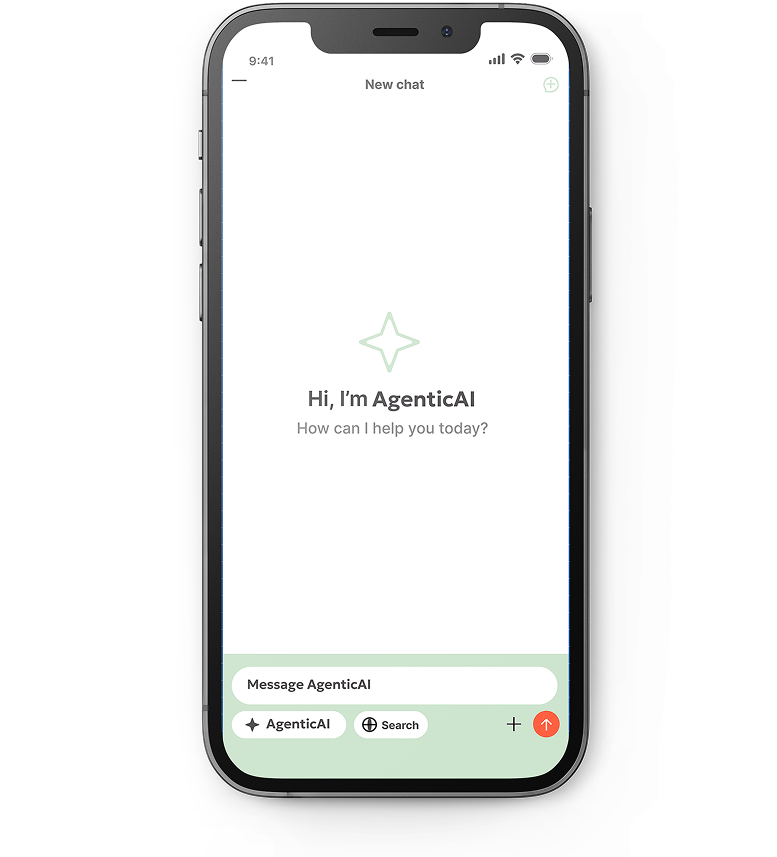 Smartphone screen showing a chat interface with text 'Hi, I'm AgenticAI. How can I help you today?' and options to message AgenticAI or search.